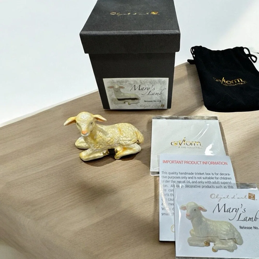 Objet D'Art‎ #418 MARY'S Little LAMB Ivory Gold Blinged Hinged Trinket Box